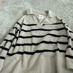 Aerie V-Neck Striped Beige and Black Sweater
